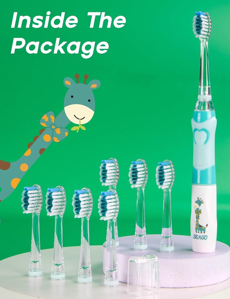 Seago Kids Electric Toothbrush with 2 Mins Brushing Timer and 8 Replacement Bursh Heads,Rainbow LED Light Make Brushing Fun, Blue Color Boys Battery Powerd Toothbrush for 4-12 Years Old - Image 5